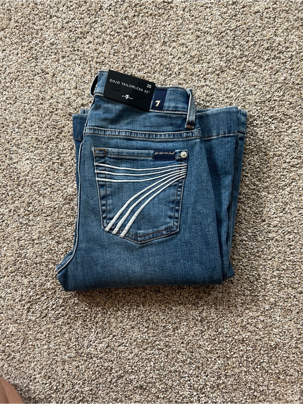 New 7 For All Mankind Bootcut Jeans in Medium Blue with White Pocket Stitching